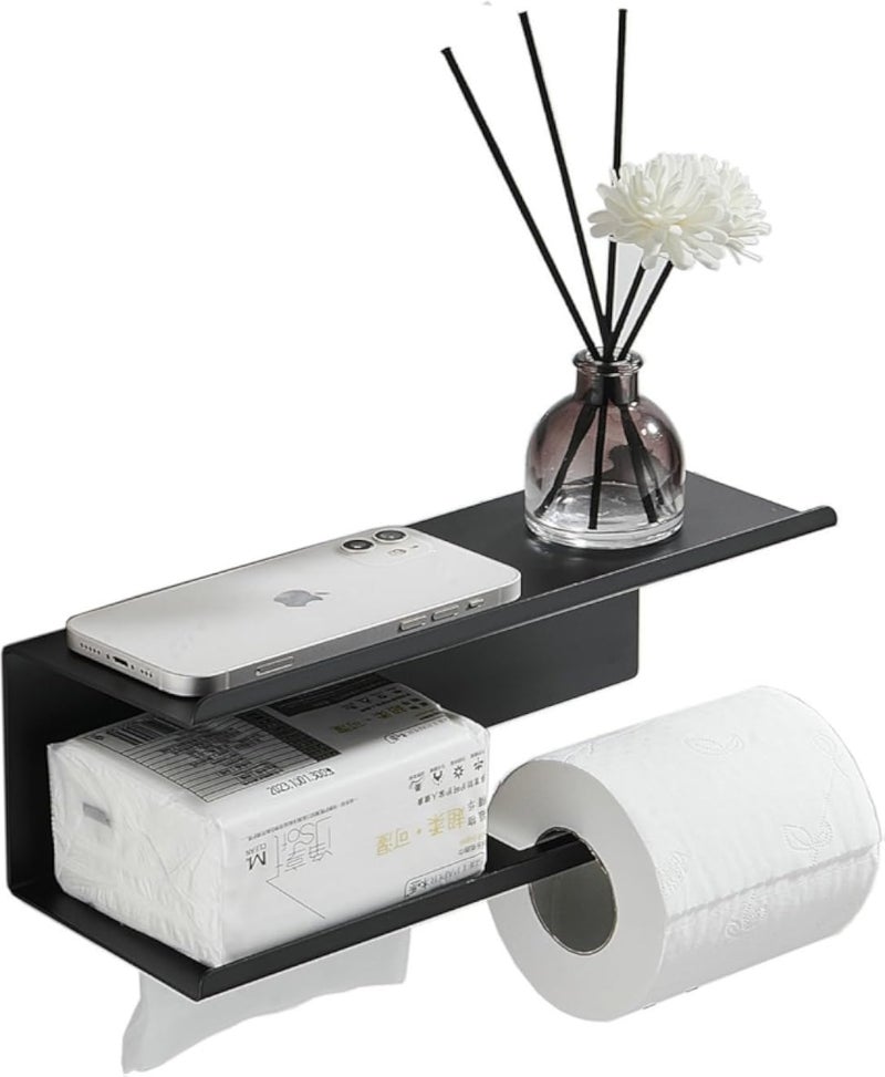 حامل ورق تواليت من شونلي مع رف - حامل لفافة ورق تواليت من الفولاذ المقاوم للصدأ مع مكان لتخزين المناديل الورقية - موزع ورق تواليت لاصق أو مثبت على الحائط للحمام